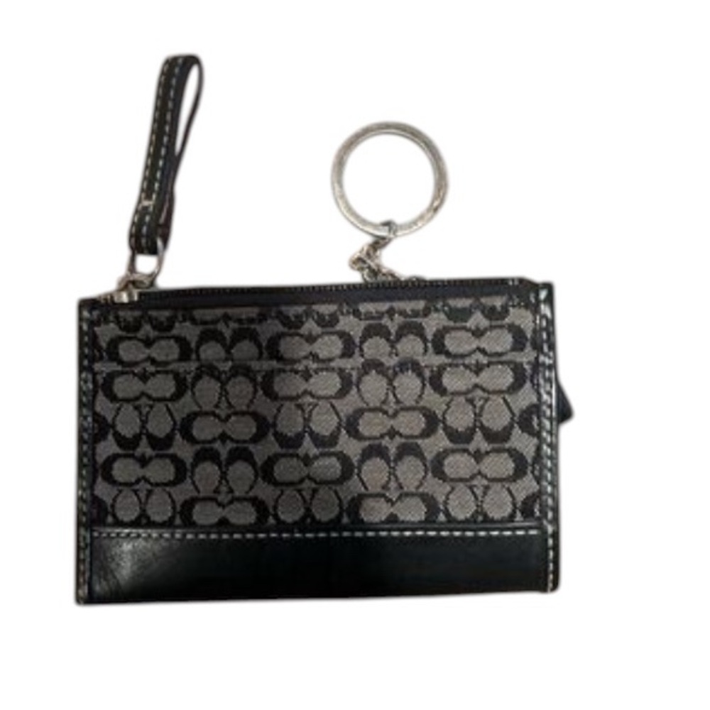 Coach Black Gray Signature wallet Jacquard Card ID Holder Key Chain host pick - Picture 3 of 15